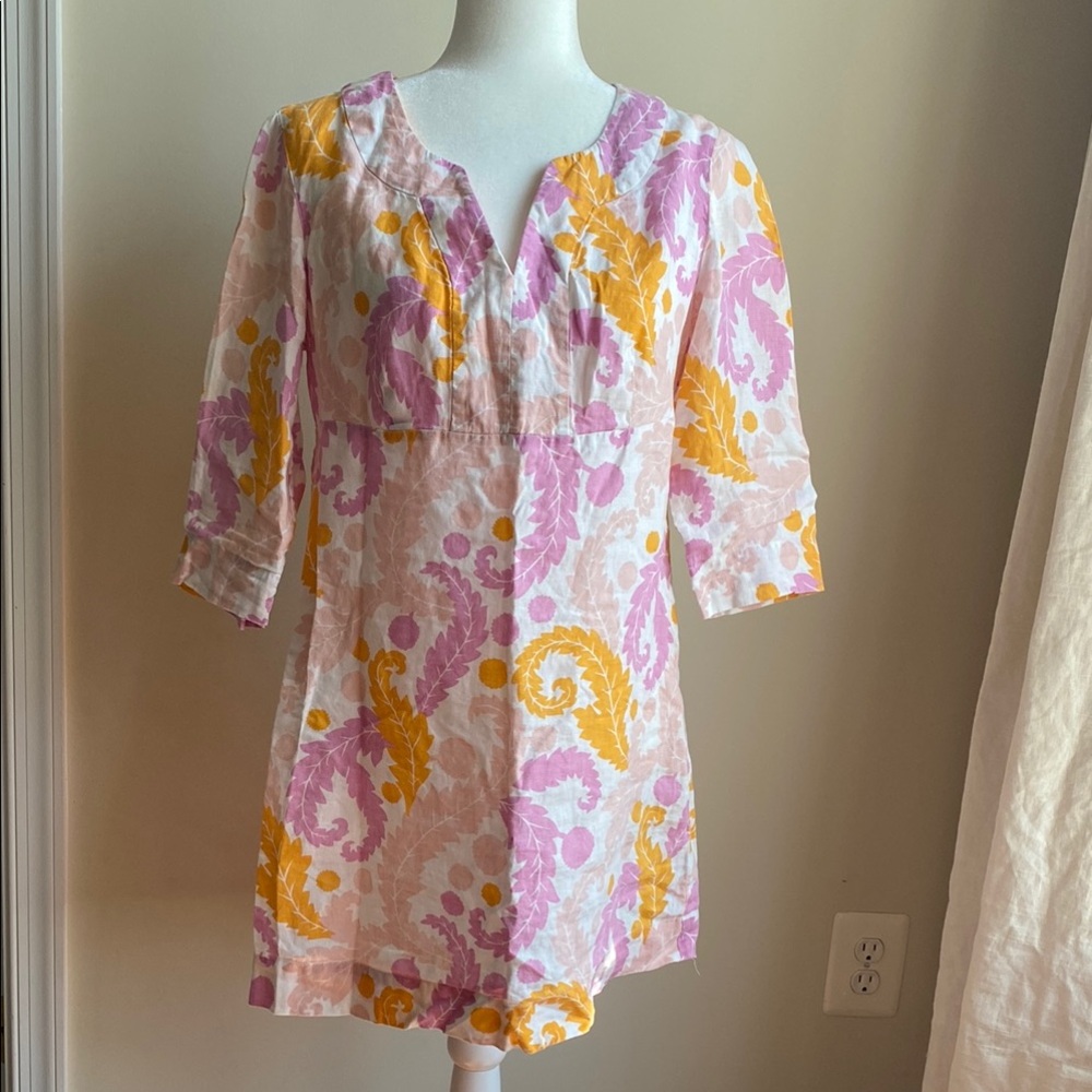 4/$20 Boden 100% Linen Floral 3/4 Sleeve Shift Dress Side Zipper *Hole*